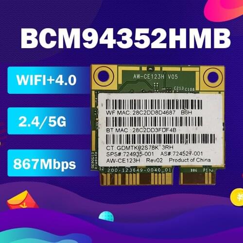 AzureWave AW-CE123H BCM4352 BCM94352HMB Half Mini PCI-express 802.11AC 867Mhz Wireless Bluetooth Card SPS:724935-001 for HP
