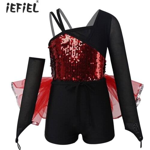 Kids Girls Ballet Dance Wear Outfit Long Sleeves Shiny Sequins Contemporary Dance Tutu Skirt Costume Gymnastics Leotard Unitard