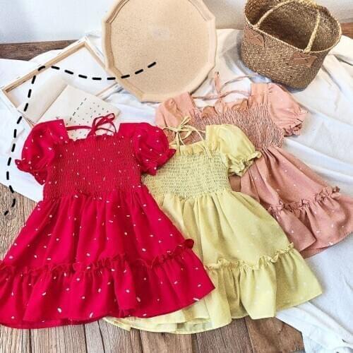 DFXD 2020 Summer Kids Girls Dresses Korean Style Fashion Lovely Baby Solid Dot Puff Sleeve Birthday Party Dress Princess Costume