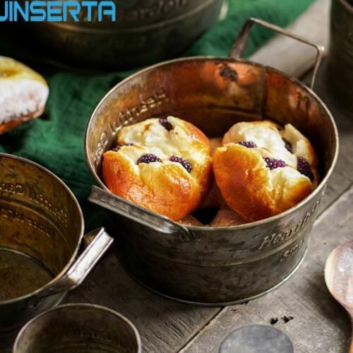 JINSERTA Metal Serving Tray Retro Dessert Fruit Cake Bread Plate with Handle Home Sundries Organizer Garden Flower Pot Decor