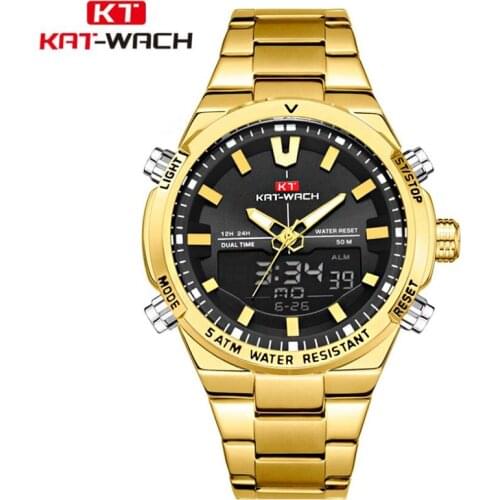 KAT-WACH Gold Mens Electronic Watches with Stainless Steel Top Brand Luxury Men Sports Chronograph Quartz Watches Clock Relogio