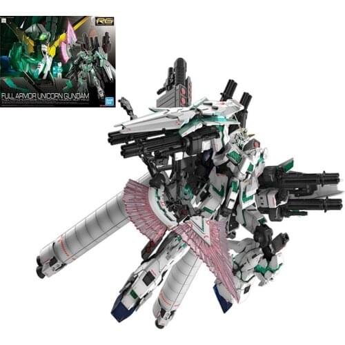 Original Bandai Gundam Model RG 1:144 Full Armor Unicorn Green Skeleton Assembled Kids Toys Robot Japanese Anime Actions Figure