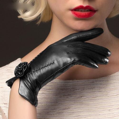 Real Leather Gloves Female Fashion Rose Slim Hand Short Sheepskin Keep Warm Driving Winter Black Womans Leather Gloves NW469-1