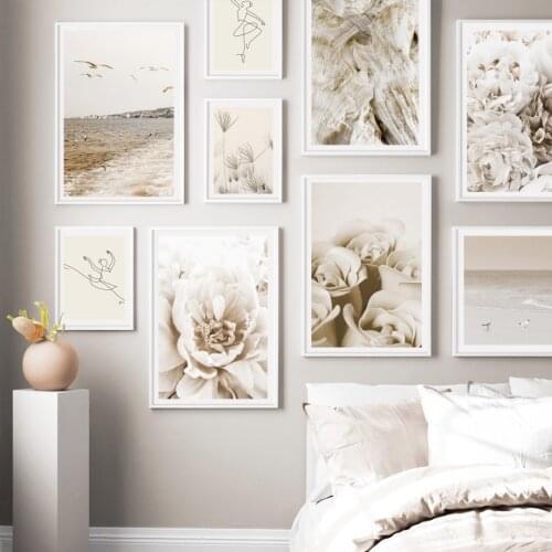 Peony Flower Rose Grass Beach waves Bird Line Ballet Wall Art Print Canvas Painting Nordic Poster Decor Pictures For Living Room