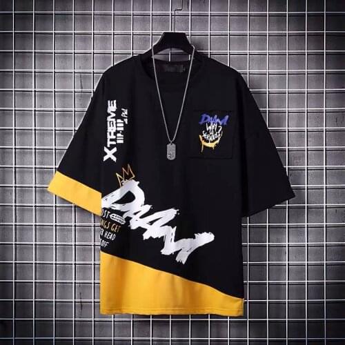 Casual Loose Patchwork Hip Hop T-Shirts Summer Short Sleeve Tops Tees Streetwear Harajuku Japanese High Street T Shirts Boys