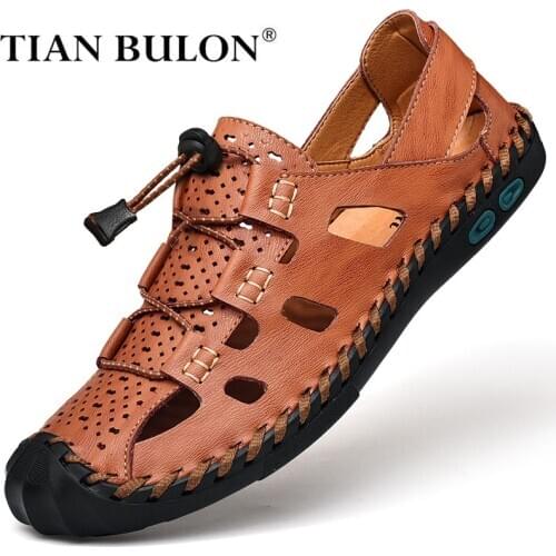 Summer Men Casual Sandals Breathable Genuine Leather Hiking Sandals Men Handmade Outdoor Beach Shoes Non-slip Zapatos De Hombre