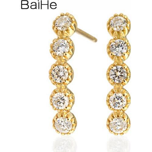 BAIHE Solid 14K Yellow Gold 0.32ct H/SI Round Natural Diamonds Stud Earrings Women Engagement Trendy Fine Jewelry серьги Wedding