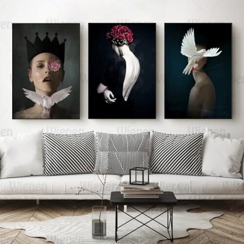 Modern Art Rose Flower Dove Girl Canvas Painting Posters and Prints Home Decor Wall Art Decorative Pictures Living Room Decor