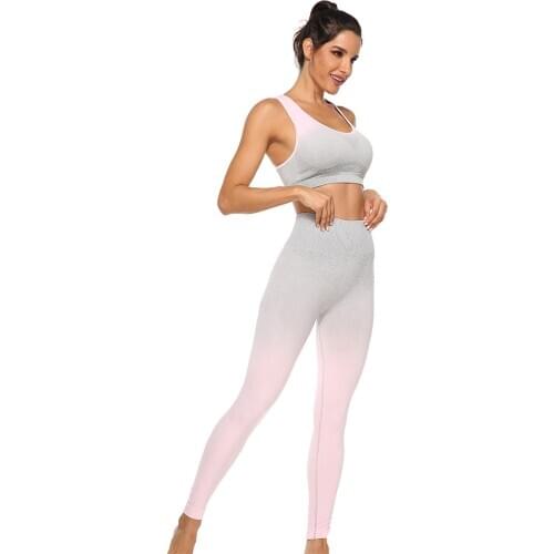 Outdoor sports Amazon gradient high elastic nylon seamless yoga clothes tights sports bra set wholesale yoga pantalones