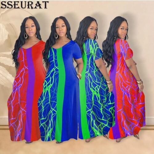 SSEURAT Women Summer Long Dress Short Sleeve Print Sexy Club Night Party Bandage Lady Maxi Dresses Plus Size