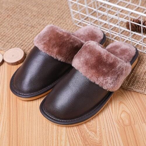 Genuine Leather Slippers Men Warm Casual Fashion Couple Cotton Slippers Large Size Plush Slippers Women Bedroom Home Slippers