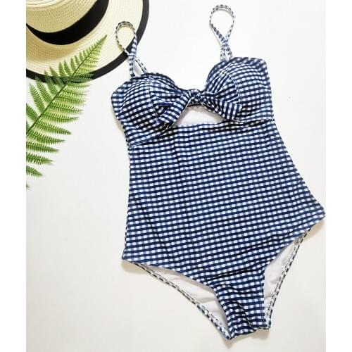 Navy Blue Plaid Strapless One Piece Swimsuit 2020 Korea Style Chic Push Up Monokini Knot Slim Fit Swimwear Women Bathing Suits
