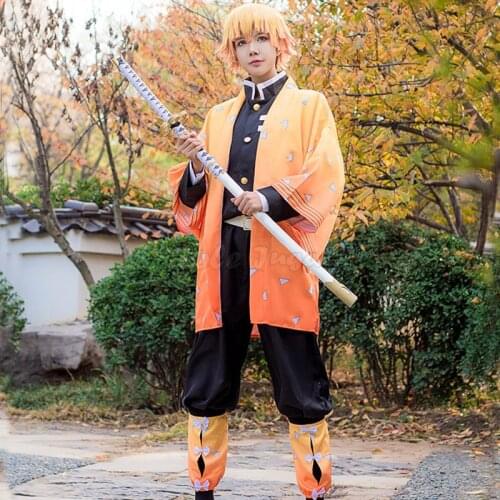 Japan Anime Demon Slayer Cosplay Costume Kimetsu no Yaiba Agatsuma Zenitsu Kimono Yellow Uniform Sets For Men Boys C90C36