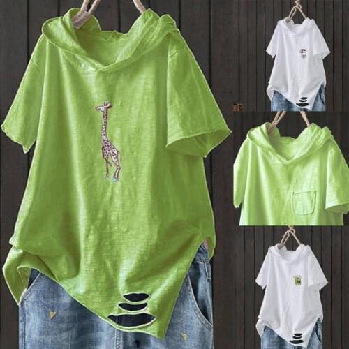 Women T-shirt Women Summer Loose top Casual Solid Color Short Sleeve Ripped Giraffe Print Loose T-shirt Hoodie Plus Size