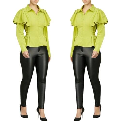 2020 New Womens Spring Autumn Lotus Leaf Long Sleeve Shirt Bandage Lapel Solid Color Leisure Time Personality Comfortable