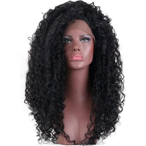 26" Women Lady Medium Deep Curly Synthetic Hair Wigs Front Lace with Cap Black