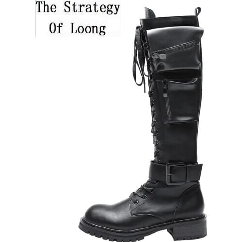 Spring Autumn Women Pocket Genuine Leather Buckle Belt High Knight Boots Winter Ladies Lace-Up Knee-High Equestrian Boots 191206