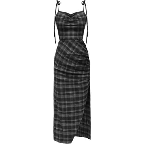 Summer 2020 Gothic Girls Sexy Sling Dress Side Split Plaid Vestido Women Sleeveless High Waist Long Bodycon Dresses