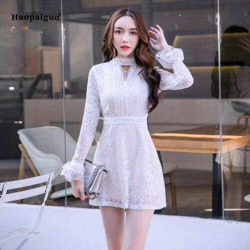 2018 Plus Size A-line Dress Women Summer White Full Sleeve Stand Elegant Wedding Party Lace Dress Vintage Mini Dresses Vestidos