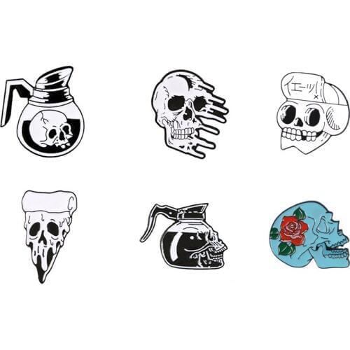 Blue Skeleton Metal Enamel Brooch 6 Coffee Pot Pizza Skull Badge Pin Trendy Costume Backpack Gothic Jewelry Accessories Gift