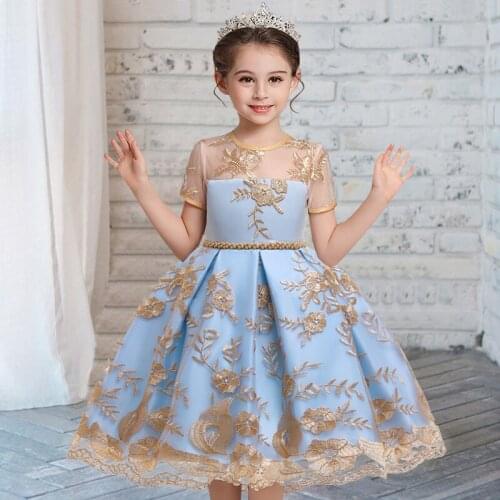 3-10 Gold Retro Court Dress Kids Dresses For Girls Clothes Children Costume Embroidery Princess Party Dress Girl Flower Gown