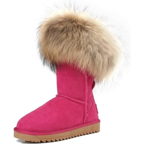 2020 100% Cowhide Leather + 100% Raccoon Fur Boot Woman snow boots winter shoes leather boots