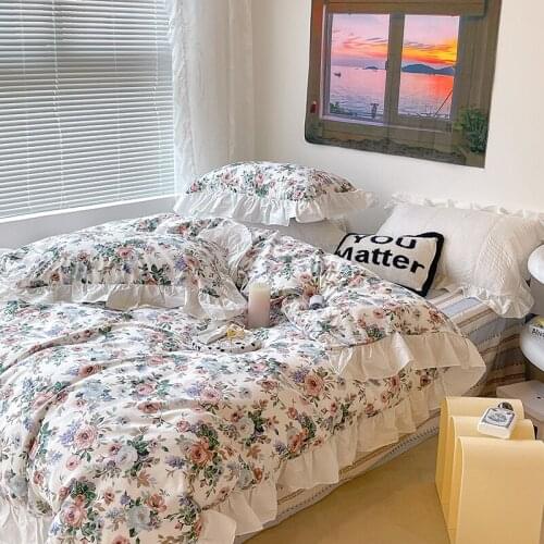 Korean INS Style Floral Bedding Set Pure Cotton Small Printing Quilt Cover Pillowcase Retro Ruffle Design Twin Queen Full 4 PCS