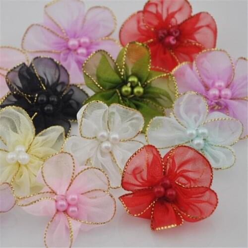 40pcs organza ribbon w/beads flowers wedding sewing appliques crafts A27