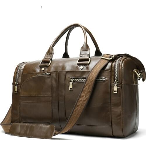 New Genuine Leather Travel Bag Large Capacity Womens Handbag Men Work Shoulder Bags