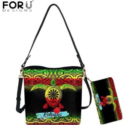 FORUDESIGNS Hot Style Women Shoulder Bag And Purse 2pcs Set Pohnpei Polynesian Turtle Printing Fashion Bucket PU handbag Mujer
