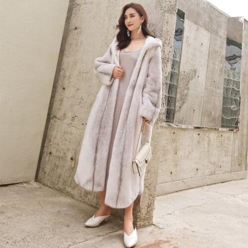 Imported CROSS MINK velvet mink coat women mink fur whole mink extended hooded mink fur fur coat