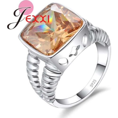 Classic Champagne Cubic Zirconia Rings 925 Sterling Silver Finger Jewelry for Women Girls Christmas Gift