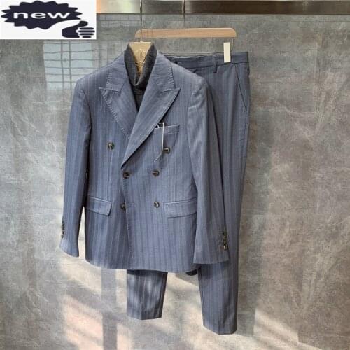 Mens Striped Double Breasted Suit Blazer Jacket Pants Two Piece Set Costume Homme New Fashion Slim Fit Wedding Dress Suits