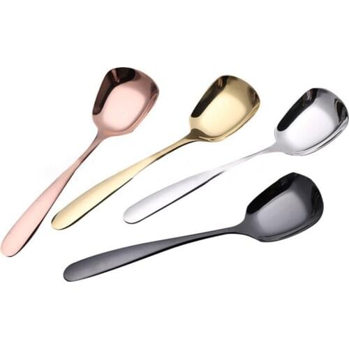Square Flat Soup Spoon 304 Stainless Steel Table Spoons Long Handle Dessert Dinner Spoons Flatware Rice Porridge Spoon