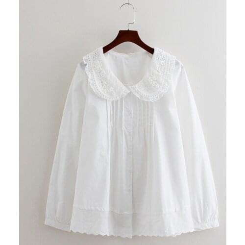 Lamtrip Sweet Kawaii White Pleated Lace Peter Pan Collar Long Sleeve Shirt Blouse Mori Girl XS-4XL