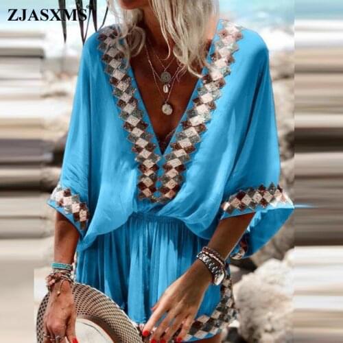 Ethnic Print Patchwork Elastic Waist Mini Dress Women Deep V Neck A-Line Boho Dress New Spring Summer Flare Sleeve Beach Dresses