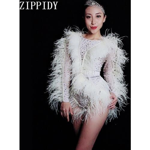 Fashion Bright Silver Rhinestones Pearls Feather Fringes Bodysuit Womens Celebrate Nightclub Singer Dance Show Spandex