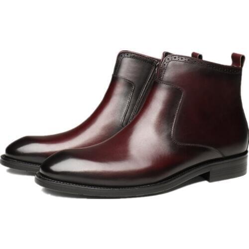 Fashion Black / Wine Red Zipper Mens Dress Boots Genuine Leather Boots Mens Ankle Boots