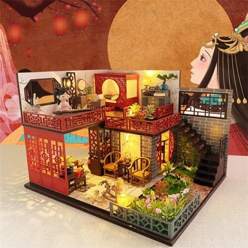 DIY Wooden Dollhouse Kits Miniature with Furniture Chinese Loft Villa Doll House Casa Assembled Toys for Girls Adults Gifts