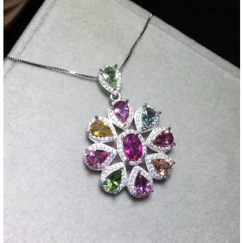 Natural multicolor tourmaline pendant S925 silver Natural gemstone Pendant Necklace trendy luxurious round women pary jewelry