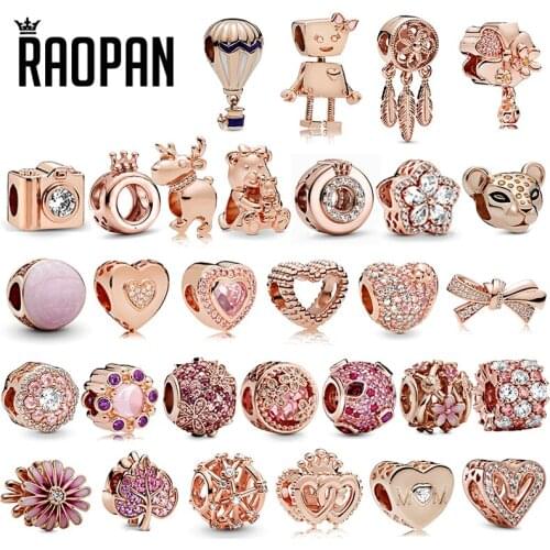 RAOPAN original 925 silver rose gold bow fawn pink sparkling charm beads suitable for original bracelet exquisite jewelry gift