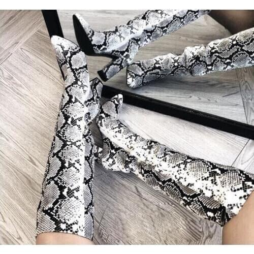 Sexy Black White Snake Print Point Toe Block Heeled Boots Python Pattern Printed Gladiator Long Boots Women Chunky Heel Boots