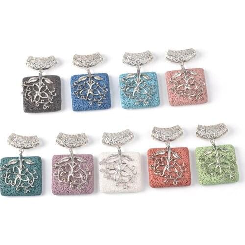 1pc Natural Semi-precious Colorful Volcanic Lava Round Square Metal Edging Pendant Jewelry Making New DIY Necklace Accessories