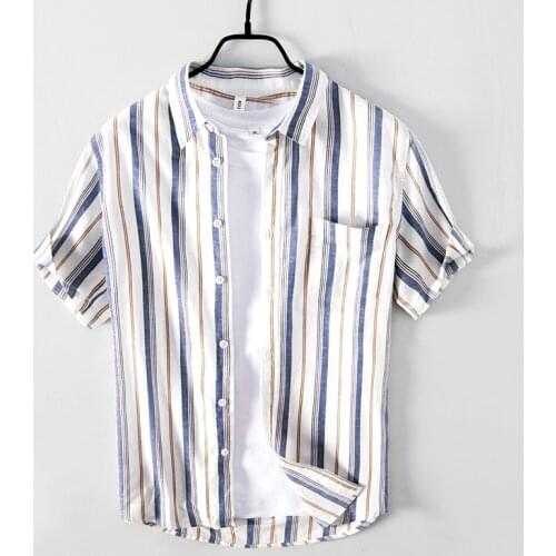 Striped Short Sleeve Shirts for Men Green Casual Tops Summer New Fashion Cotton Linen Breathable Button Up Shirt Retro Clothes