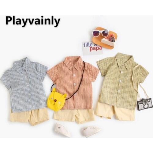 2021 Korean Style Summer New Baby Boys 2-pcs Sets Short Sleeves Plaid Shirts + Khaki Shorts Newborn Clothes Infant Outfits E1075