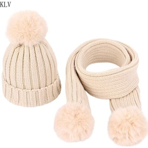 2pcs Children Knitted Beanie Hat Scarf Set Infant Baby Fake Ball Pom Pom Cap Warm Winter Thick Beanies for 3-8 Years Old