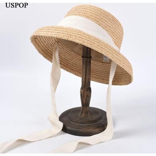 USPOP New French style lace-up raffia straw sun hats women vintage summer straw hats female wide brim bell shpaed beach hats