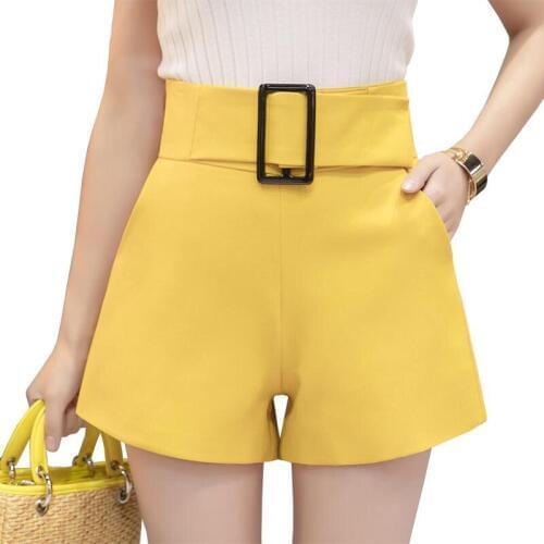 Korea Womens Lady Casual High Waisted Wide Leg Yellow Beige Black Sash Shorts , Women Womans Fashion Xxl Shorts