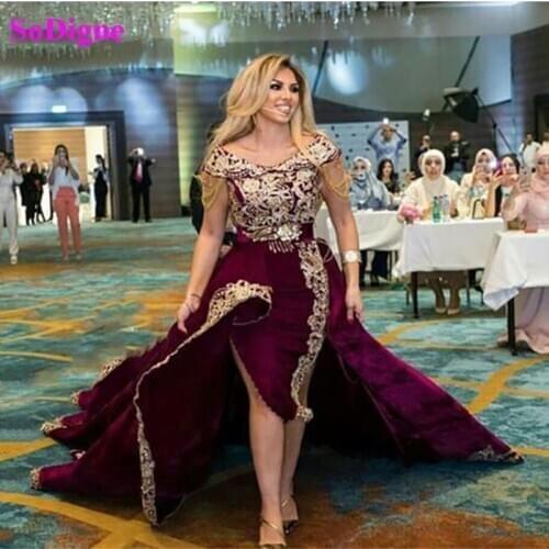 SoDigne Caftan Evening Dress With Detachable Train Sexy Side split Gold Lace Appliques Off Shoulder Women Formal Evening Gowns