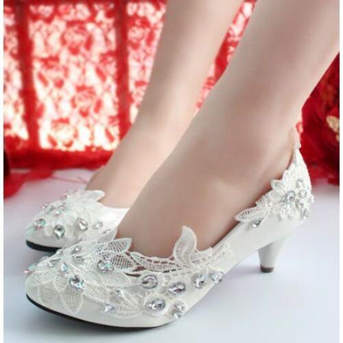 3CM/5CM low middle heel white lace crystal rhinestones wedding shoes bride plus size handmade laces bridal shoes womens HS392